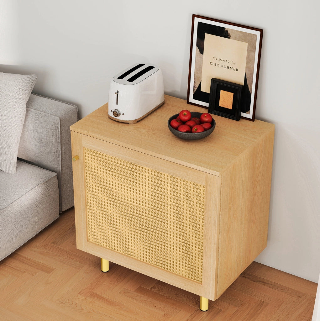 Mobile contenitore a 1 anta in MDF naturale con rattan