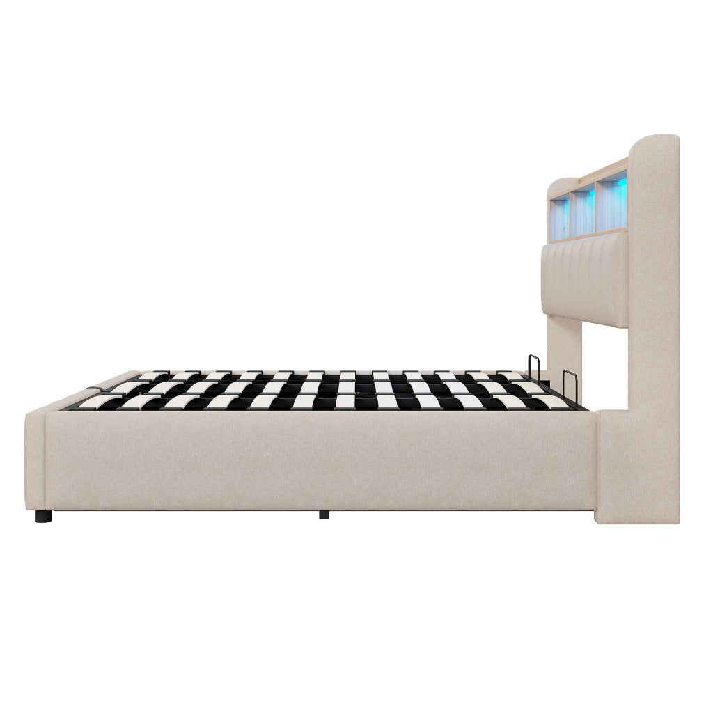 OKWISH Letto Contenitore 180×200 cm, Letto Matrimoniale con LED Regolabile, USB, Tipo C e Mensole, senza Materasso, in Tessuto Beige