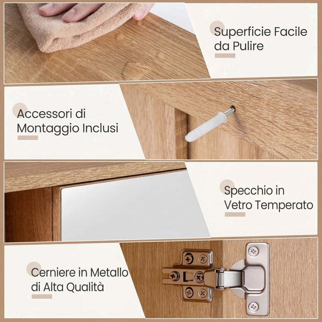 Mobile Bagno con Specchio da Parete, Specchiera Salvaspazio in Legno con Ripiano Regolabile e Scomparti Aperti, Armadietto Pensile per Bagno, Soggiorno e Cucina, 55 x 16,5 x 61 cm (Naturale)