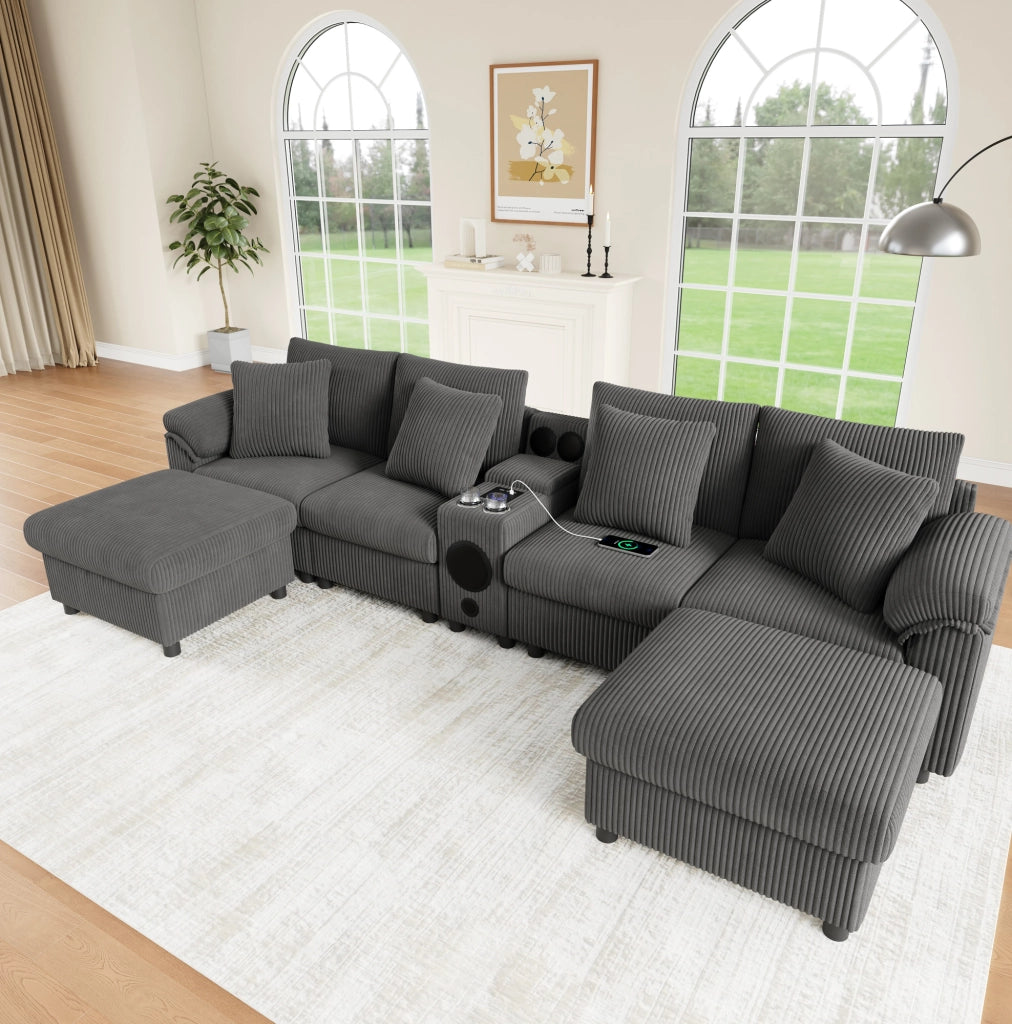 Divano modulare 4-6 posti in velluto a coste grigio 315;5 cm con Bluetooth; USB e console