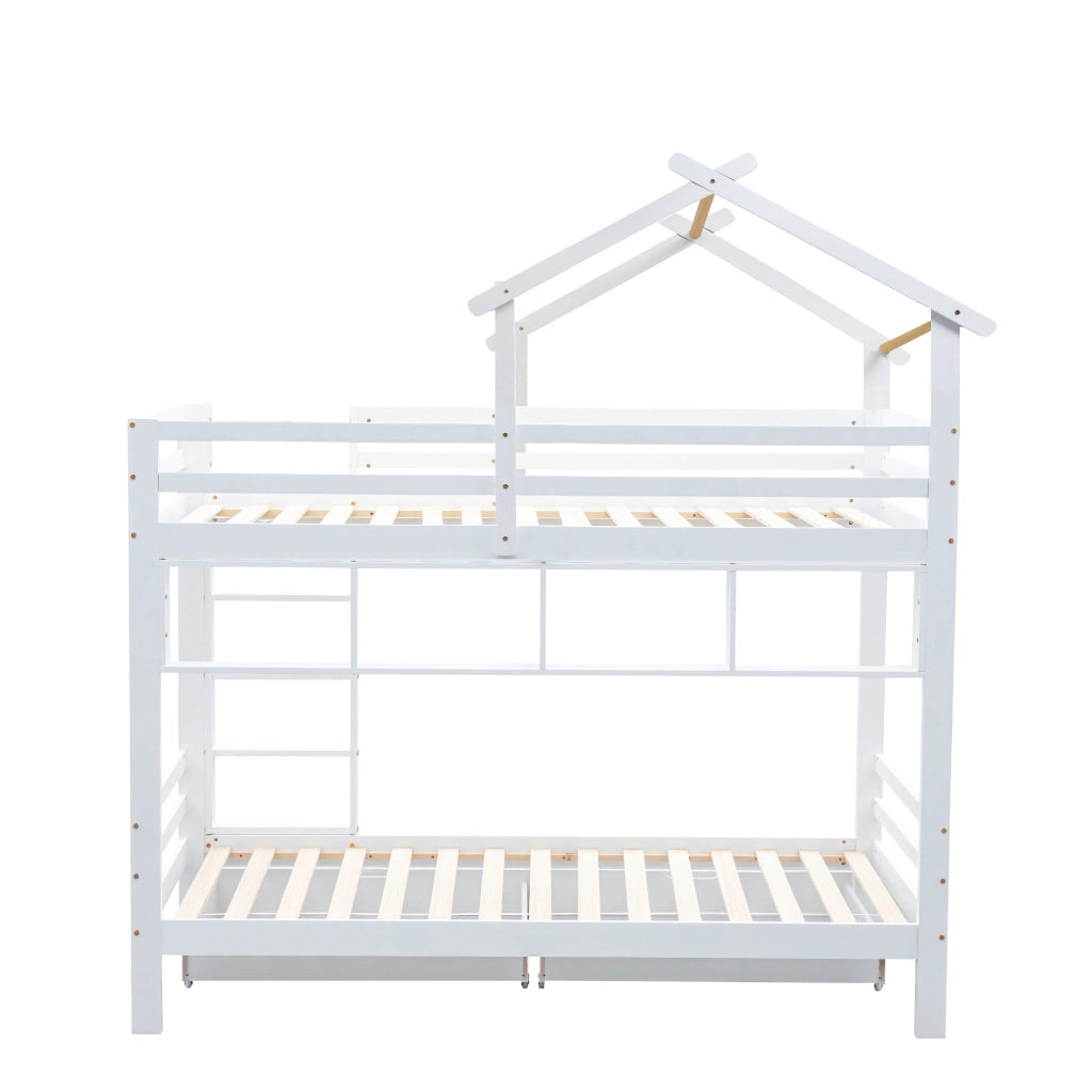 Letto a Castello 90x200 cm con Cassetti; Mensole e Scala a tre gradini; Bianco