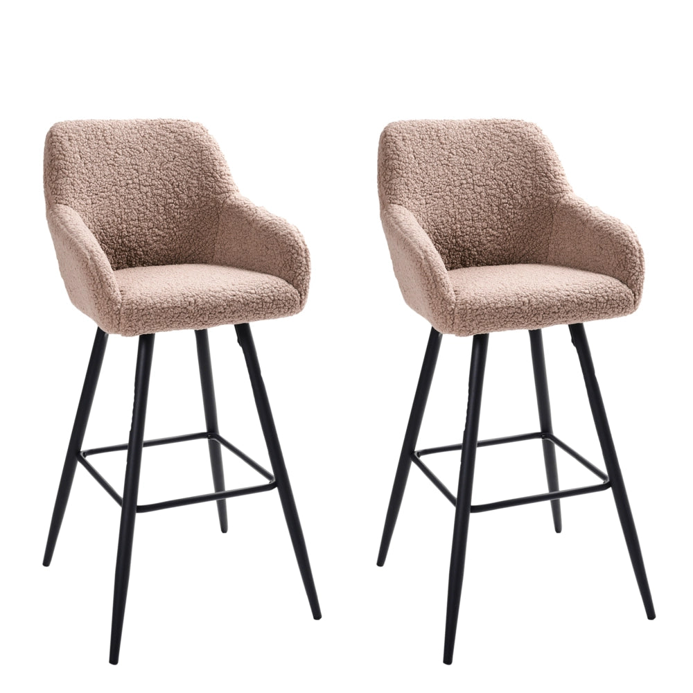 Set di 2 sgabelli da bar in tessuto bouclè tortora con seduta imbottita e gambe in metallo stile moderno soggiorno