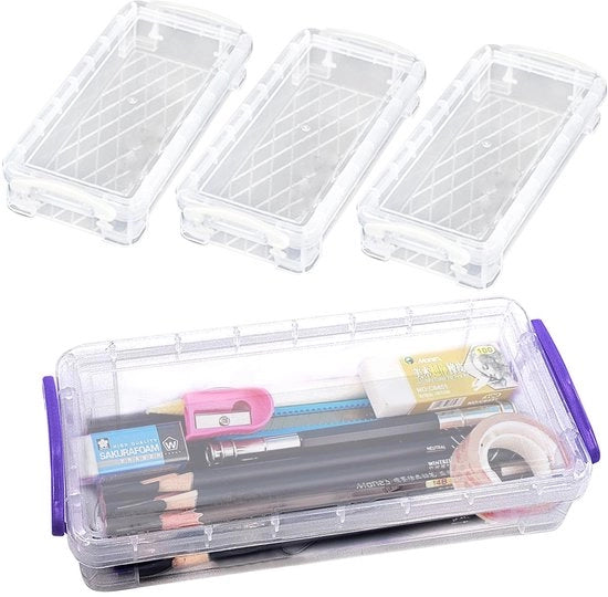 Pacco di 4 scatole trasparenti a stappello, scatole di plastica multifunzionali con chiusura a gomito, cassetto di archiviazione, organizzatore per pennelli, attrezzi da ufficio e pitture ad acquerello