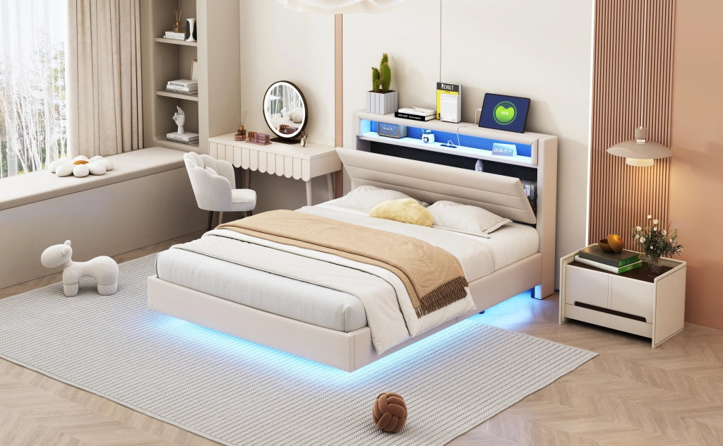Letto matrimoniale – 140x200 cm – USB LED testiera reversibile – lino beige