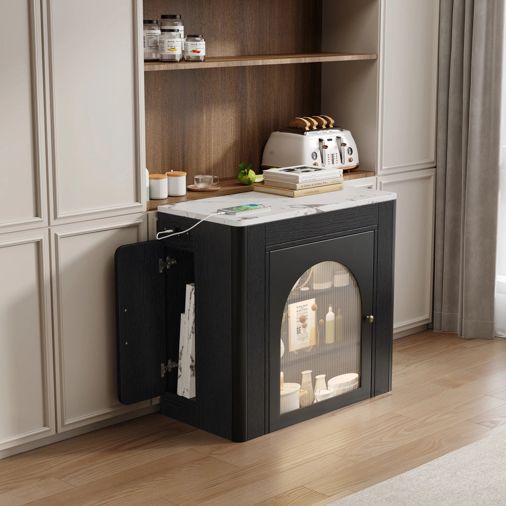 Carrello da cucina con Tavolo allungabile; 3 Scomparti; Ruote; LED e Presa; MDF Vetro; Bianco Nero