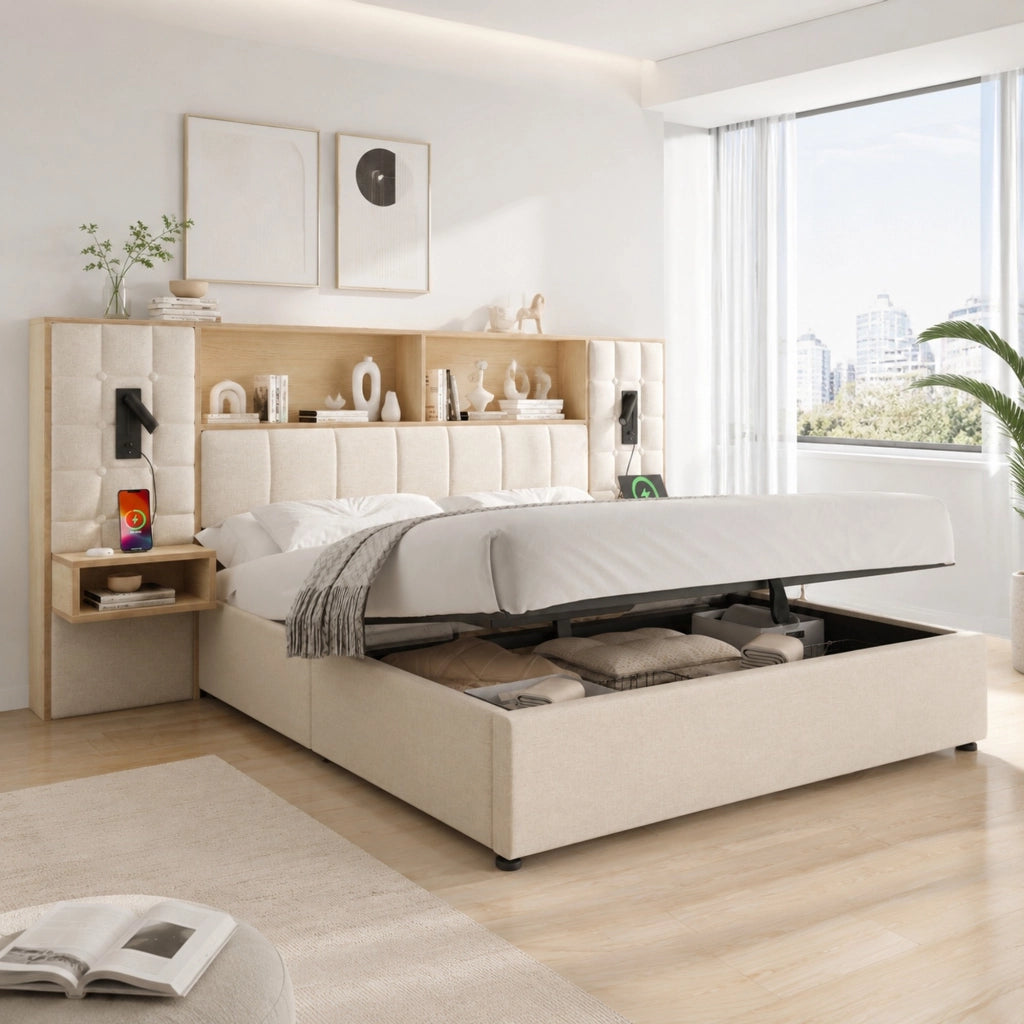Letto Contenitore 180 x 200 cm; Letto Matrimoniale - USB; Type-C e 2 Luci - Beige