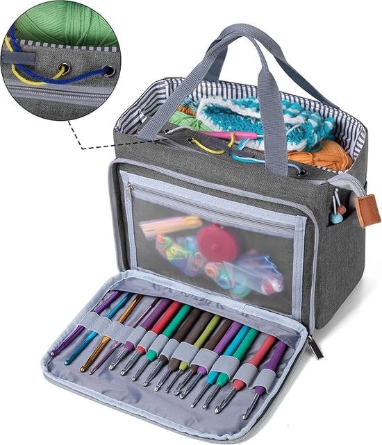 Set di lavoro per uncinetto, fili, maglia per progetti incompleti, uncini e altri accessori (accessori non inclusi), grigio