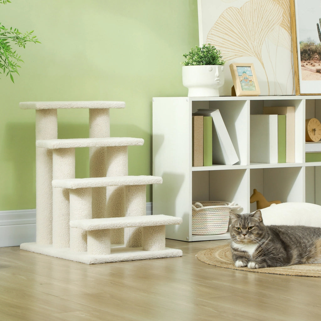 Scala per Animali Domestici con 4 Gradini ¨C zephmum ¨C Effetto Lana Boucl¨¦ 61x41x60 Crema