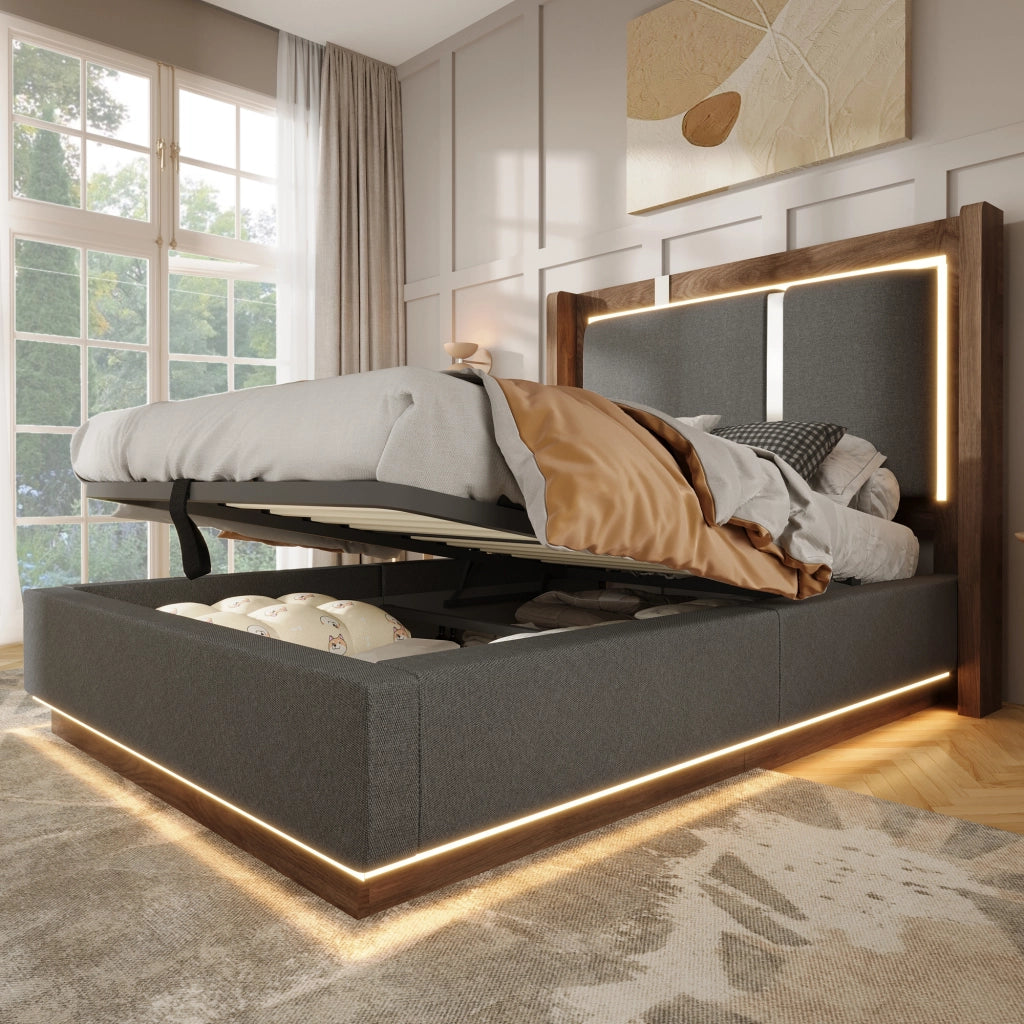 LETTO 90x200 cm con LED, contenitore, lino grigio e noce