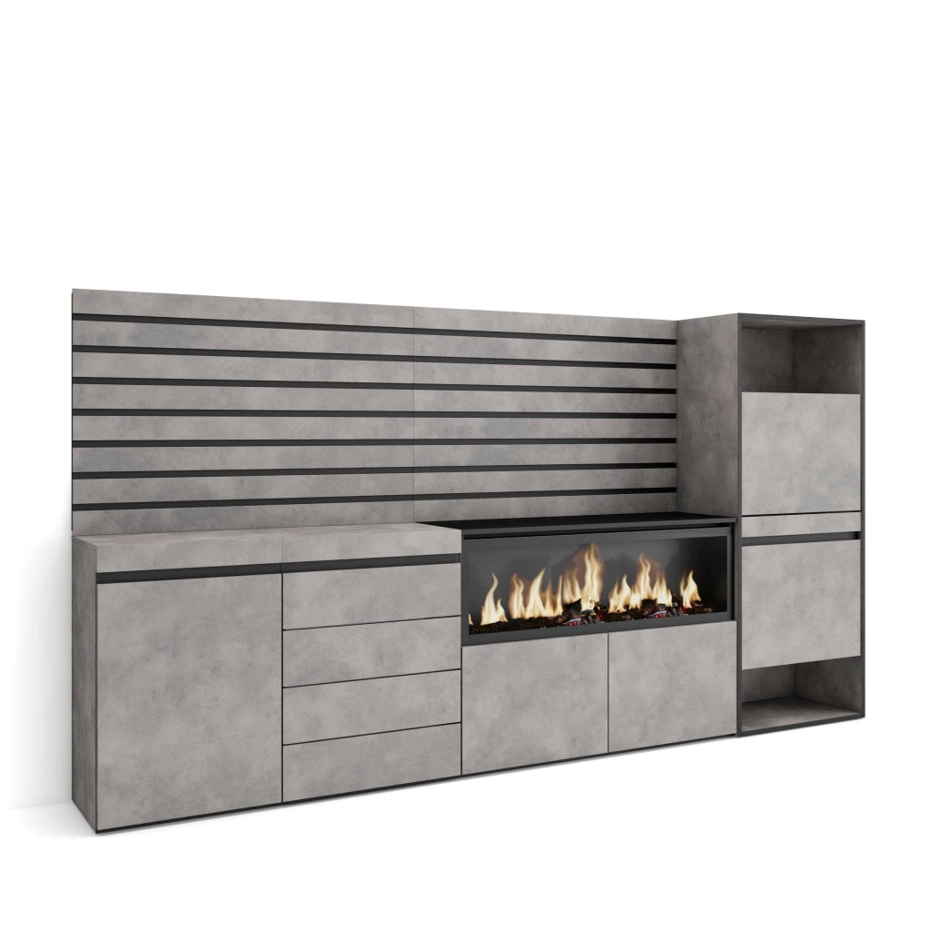Credenza, 274x35x145cm, Camera da letto, Camino elettrico XXL, Cassettiera, Scarpiera, grigio cemento RF3394