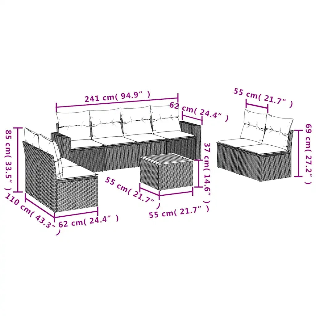 Set Divani da Giardino 9 pz con Cuscini Grigio in Polyrattan