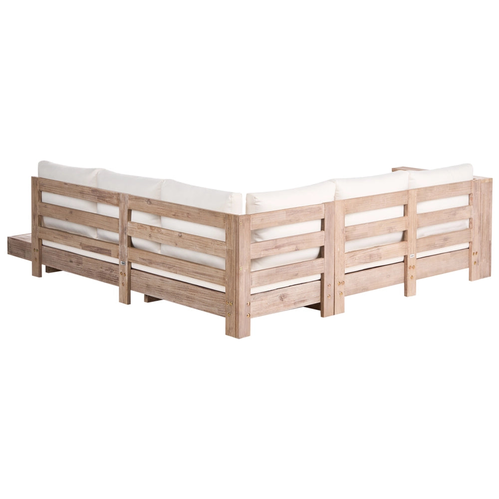 Set divano angolare da esterno in legno di acacia chiaro certificato cuscini bianchi set da salotto a 5 posti a destra e tavolino