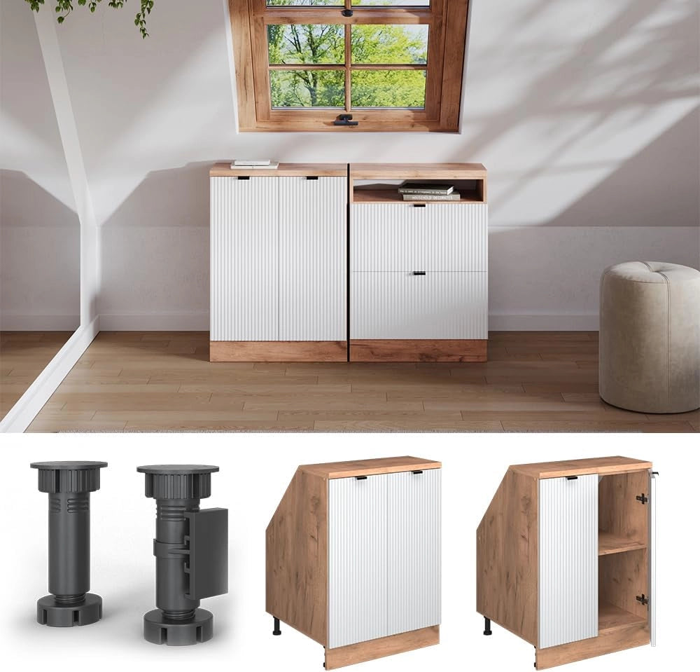 Mobile sottotetto Rion, Ondulazione bianca, 60 x 81.6 cm con 2 porte, carcassa 60 cm profondità, adatto per il salvaspazio sotto tetti spioventi
