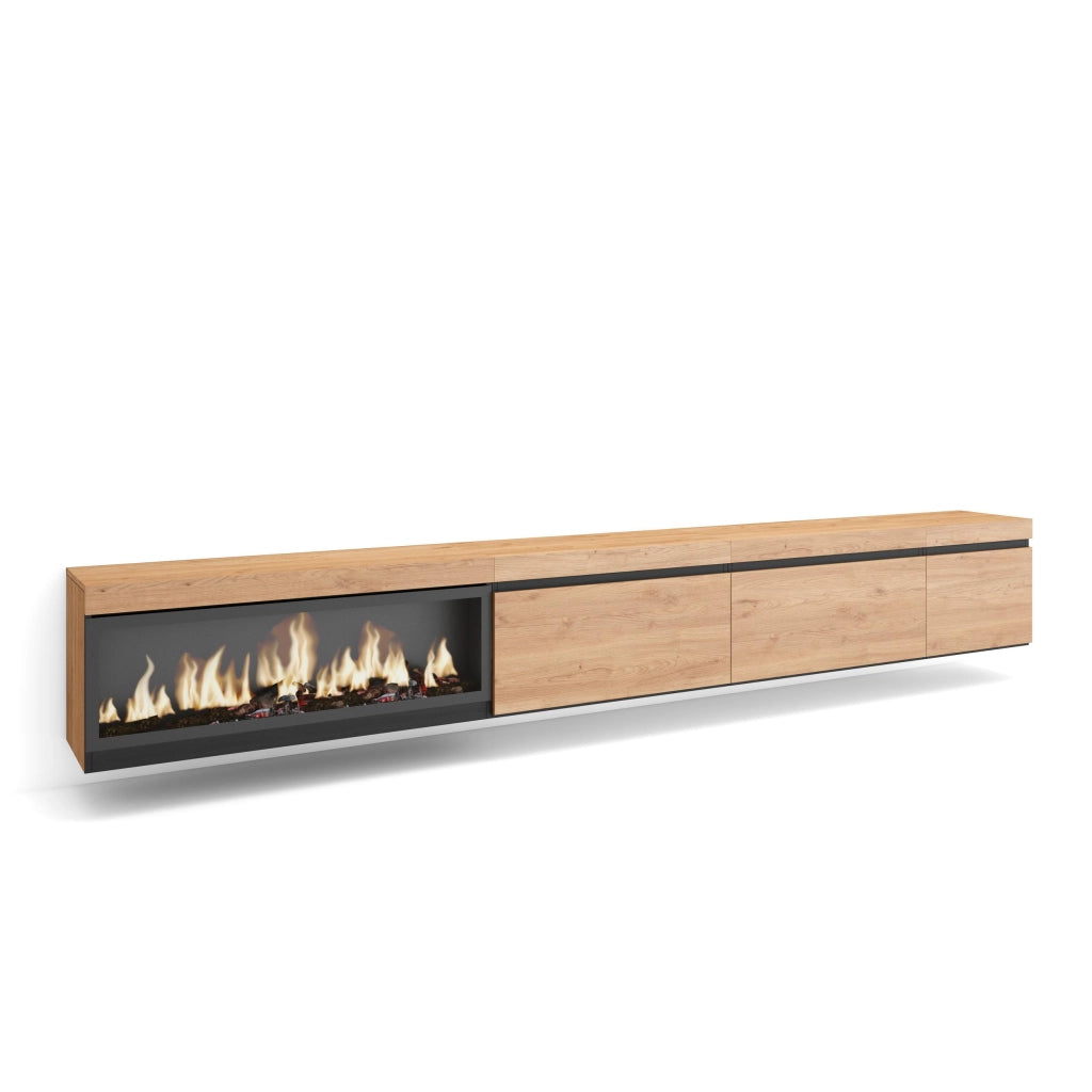 Mobile TV Soggiorno, 317x35x45cm, Camino elettrico XXL, da appendere, colore Rovere RF3675