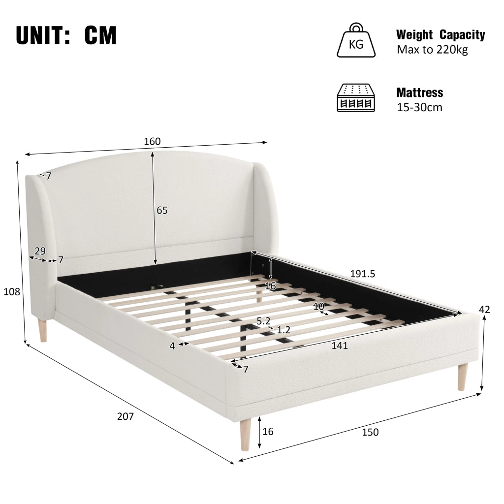 Letto matrimoniale 140x190 cm in tessuto bouclé bianco, testiera a orecchie, rete a doghe inclusa, montaggio rapido