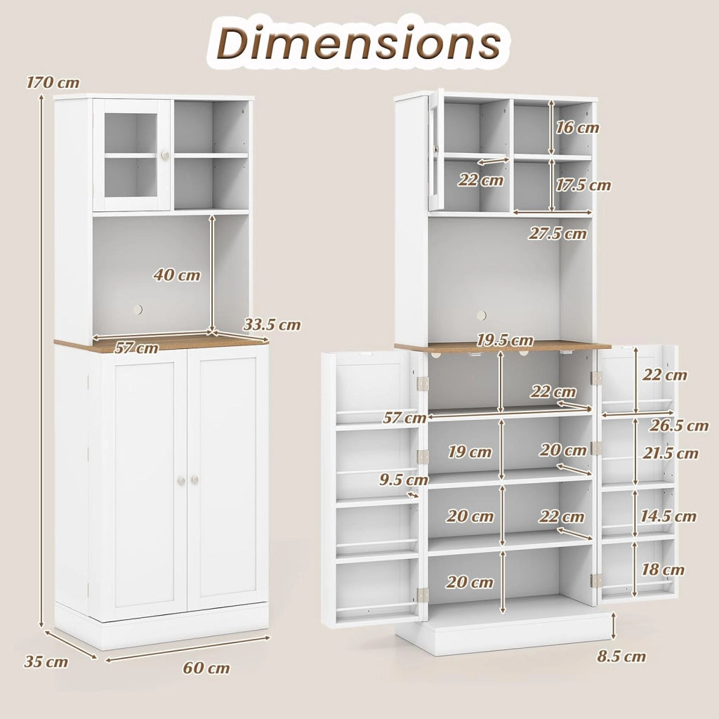 Credenza Alta da Cucina 170 cm con Ripiani Regolabili, Fori per Cavi, Porta in Vetro Temperato, Mobile Buffet per Soggiorno, Sala da Pranzo, 60 x 35 x 170 cm, Bianco