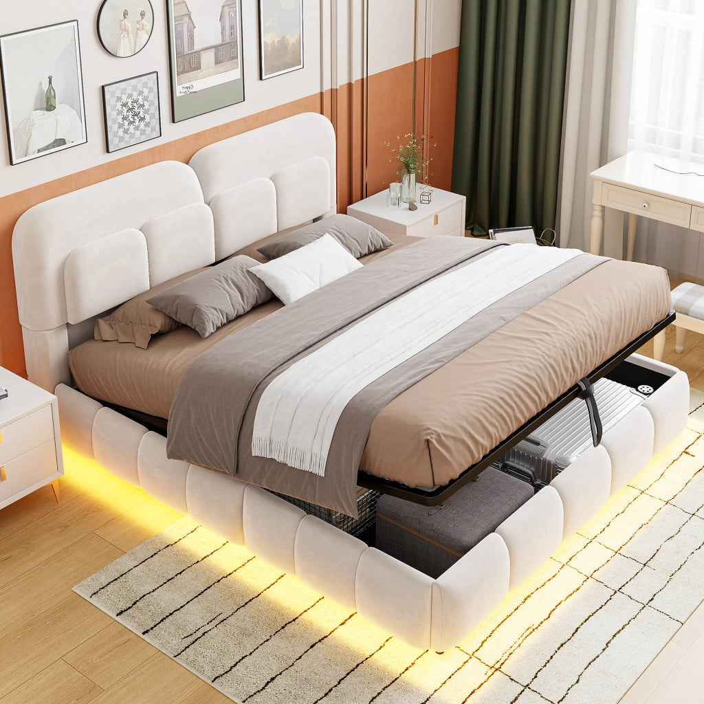 Letto Contenitore 140x200 cm; Letto Matrimoniale con LED e idraulico - in Velluto Beige