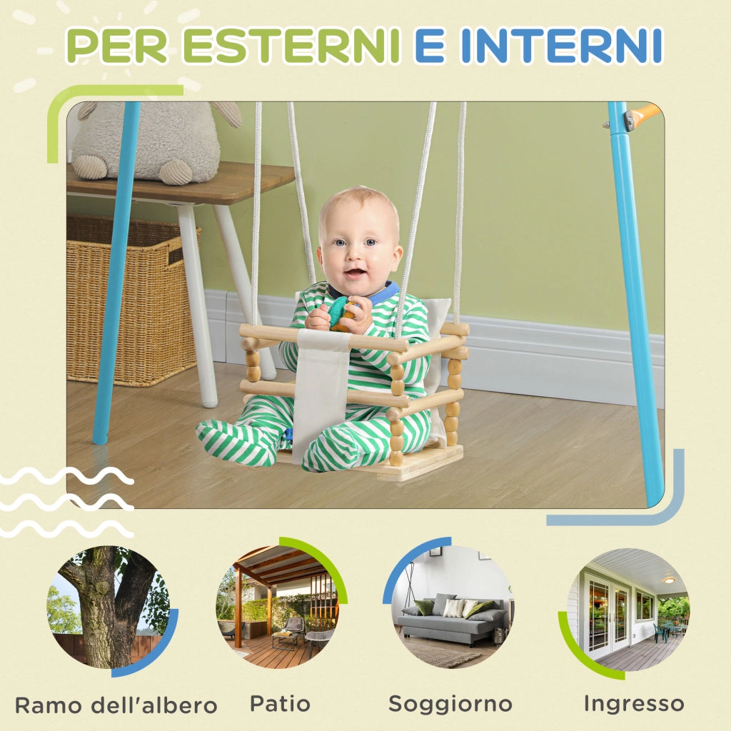 EasyComfort Altalena per Bambini 9-36 Mesi in Legno e Cotone con Corda Regolabile e Cuscino, 30x30x110-180 cm