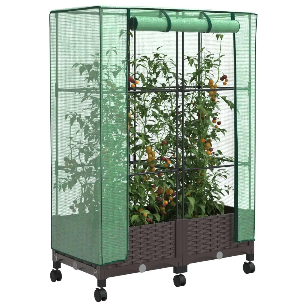 Vaso da Giardino con Copertura per Serra e Ruote 2 pz Marrone 3422974
