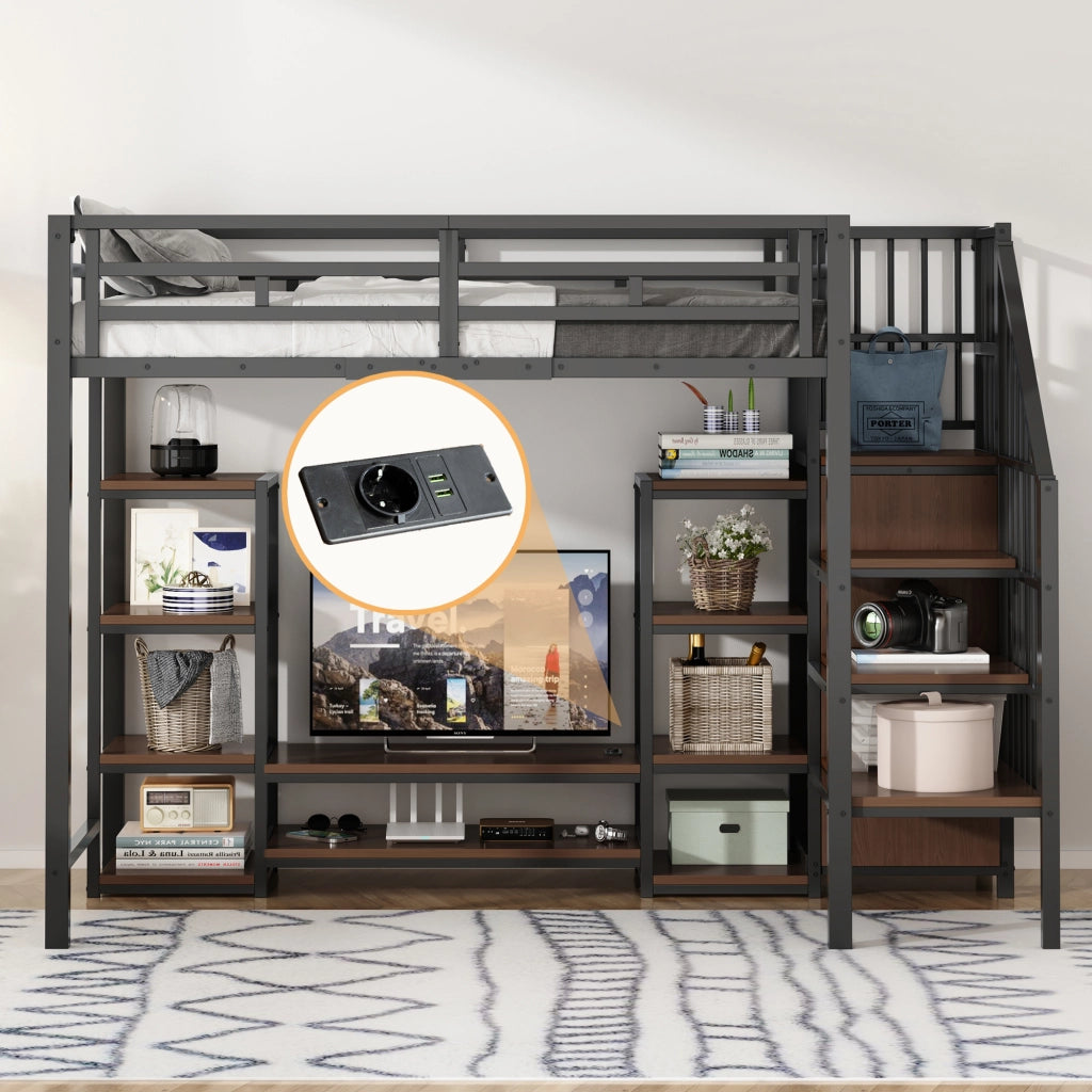 OKWISH Letto a soppalco 90×200 cm, Letto Singolo con Mobile TV, Presa, Scala contenitore e Spondina, senza Materasso, Nero