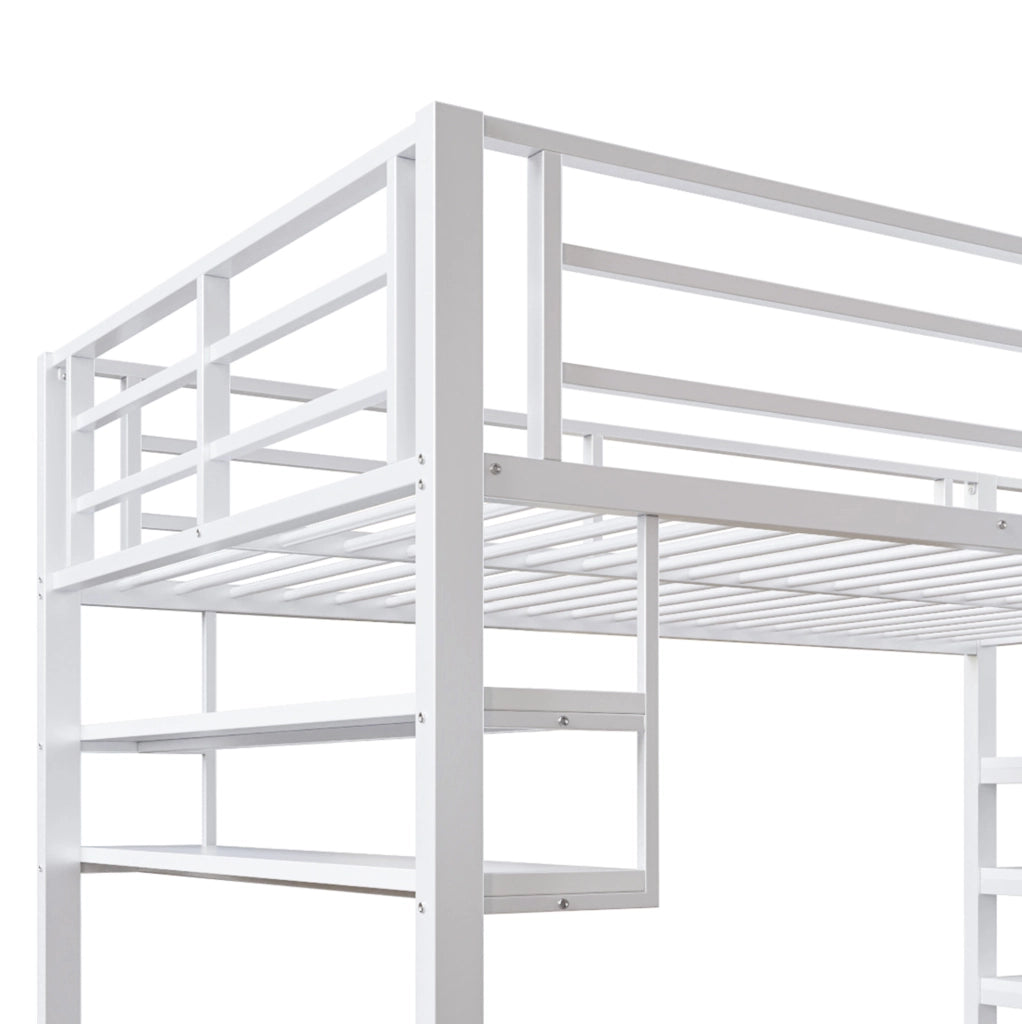 Letto a soppalco per bambini 140x200 cm con mensole; scala contenitore e barriera bianco