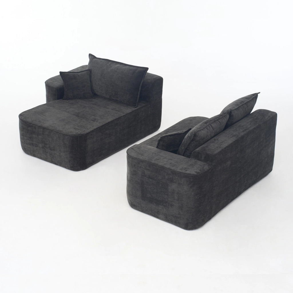 Divano angolare modulare con chaise longue, senza montaggio, tasche laterali, in Ciniglia Nero 262 cm