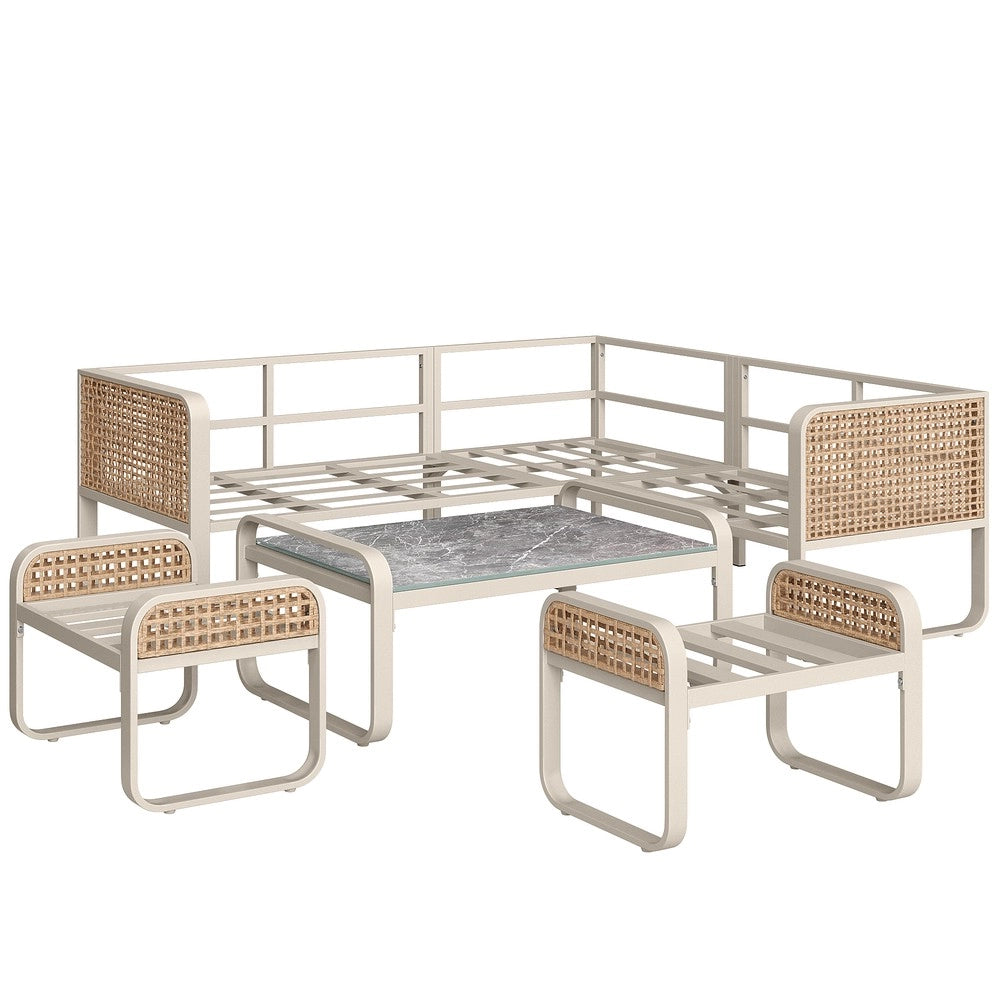Set da giardino in rattan per 6-7 persone - Zephmum - Divano angolare con gambe regolabili, cuscini inclusi, beige