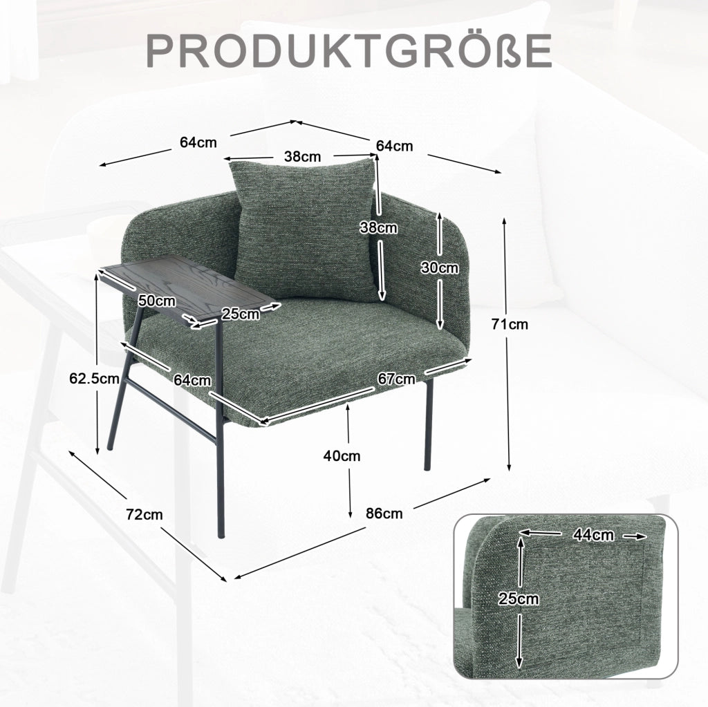 Poltrona relax in chenille smeraldo con tavolino laterale e tasche portaoggetti 86x72x71 cm