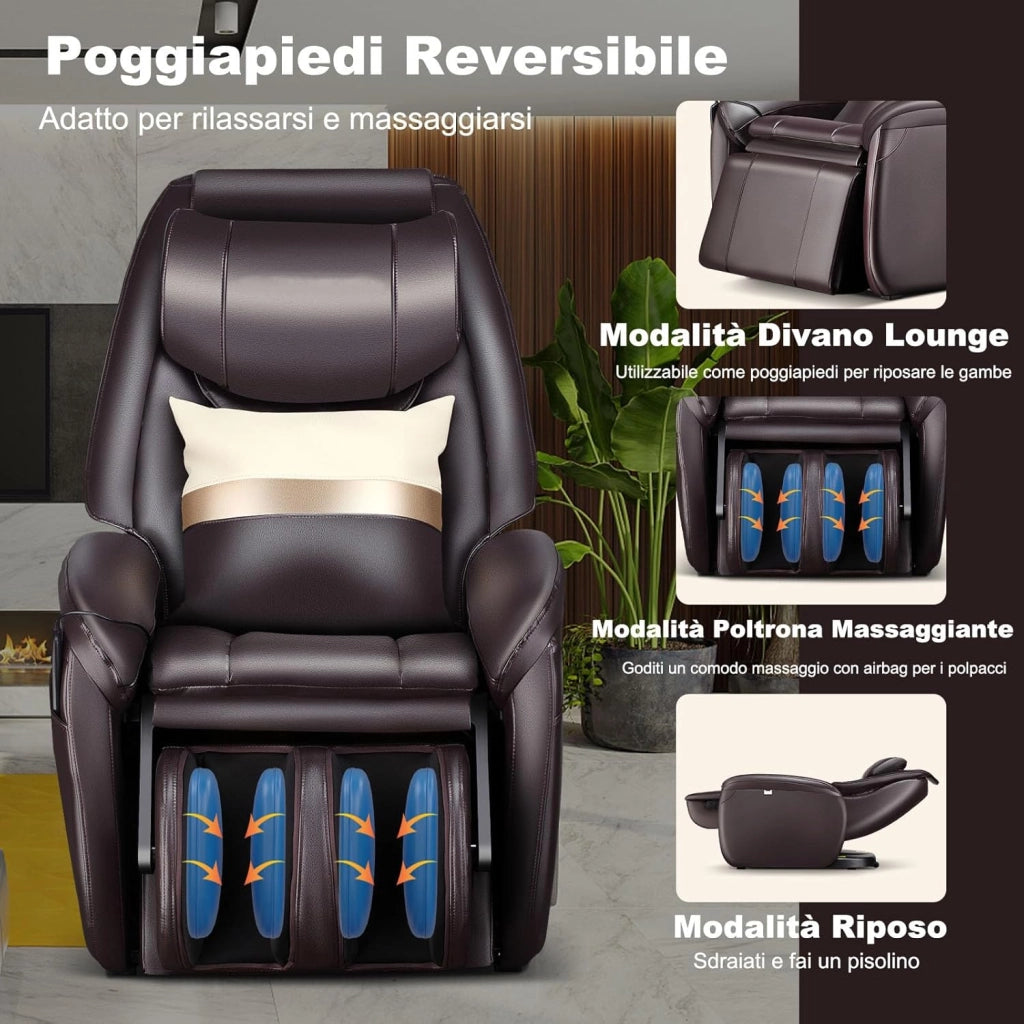 Poltrona Massaggiante Elettrica Shiatsu 8 Modalità, Poltrona Reclinabile con Riscaldatore Schienale, Rilevamento Automatico Spalle, Controllo Remoto, Ruote e Cuscino (Marrone)