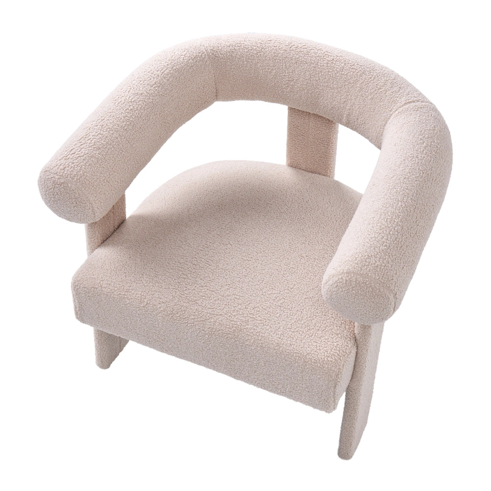 Poltrona da salotto in stile retrò, rivestita in bouclé con gambe beige chiaro per soggiorno