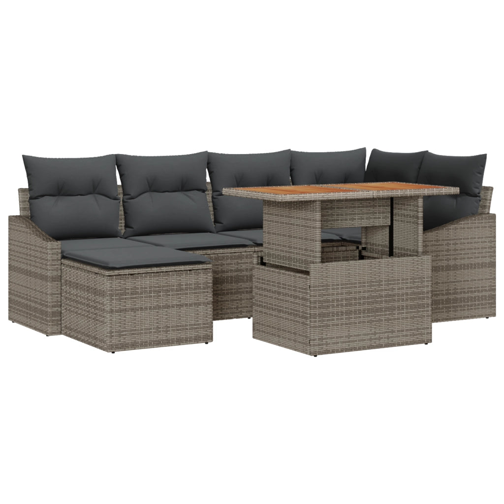 Set Pranzo Giardino 7 Pezzi con Cuscini Grigio Poly Rattan Acacia