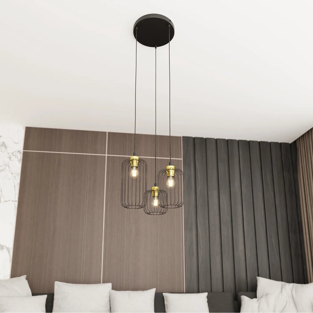 Sospensione Minimal Industrial Minerva 3 Luci Tonda Nera E Oro