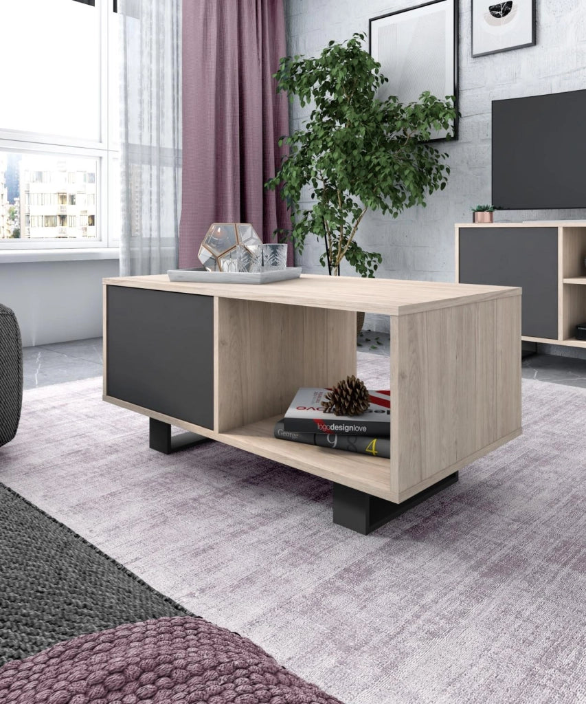 Tavolino con porte 92x50x45cm modello WIND, colore Rovere e grigio antracite RF1009