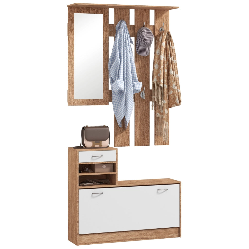 Mobile Appendiabiti 3 in 1 con Scarpiera e Specchio, Ganci e Cassetti, in Legno, 90x24x177 cm, Bianco e Noce