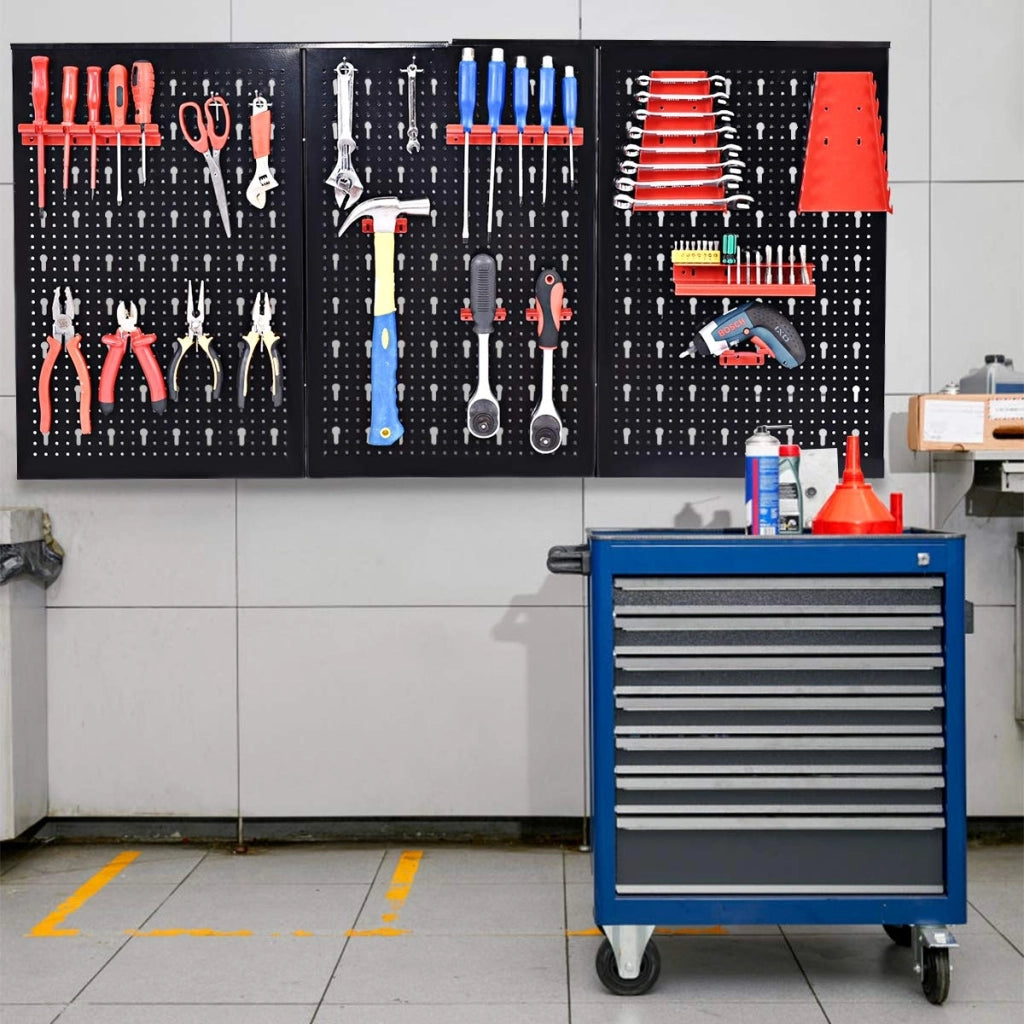 Pannello forato portautensili da parete 17pz con ganci, Pannello attrezzi da parete per officina garage 120x60cm-Deposito utensili Tool