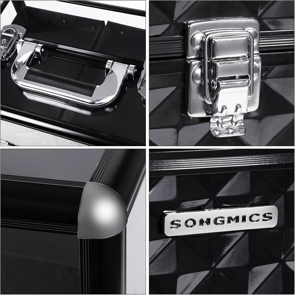 SONGMICS Beauty Case da Viaggio, Valigetta per Trucco, Arte e Unghi,con Coperchio Trasparente, Telaio in Alluminio, Cofanetto Diversi Vassoi per Truccatore, Nero JBC318B