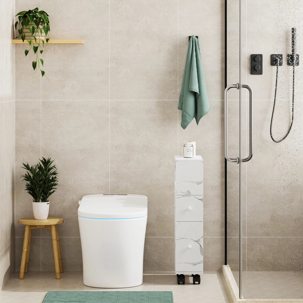 Mobile da Bagno Broreynna a Rotelle con 2 Cassetti 66 x 15 x 33 cm - Effetto Marmo Bianco [en.casa]