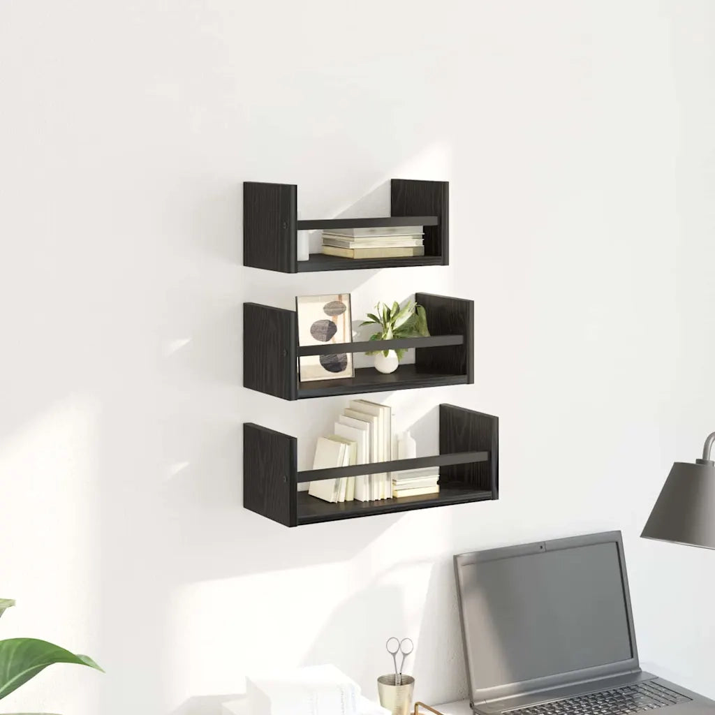 Set mensole da parete 3 pz Rovere Nero 40x16x14cm 882789