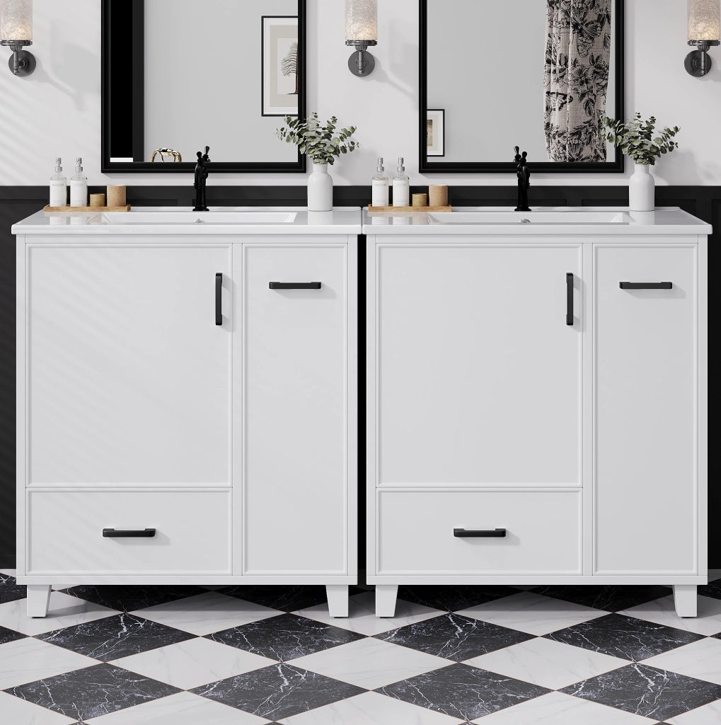 Mobile lavabo a pavimento bianco con lavabo in ceramica, 2 cassetti e vano portaoggetti capiente