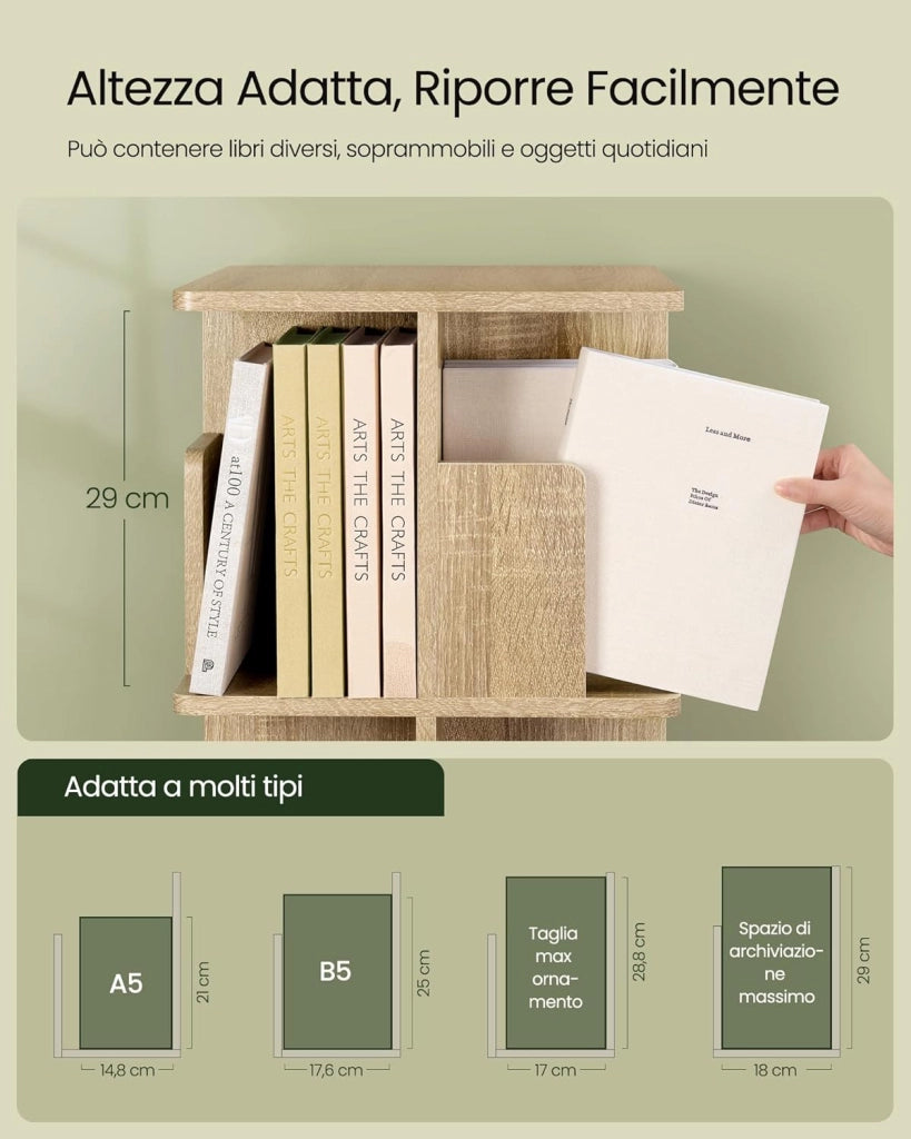 Libreria Girevole a 5 Livelli, Libreria Alta e Stretta, Scaffale d'Angolo a Pavimento, Scaffale Girevole per Libri, Rovere Chiaro
