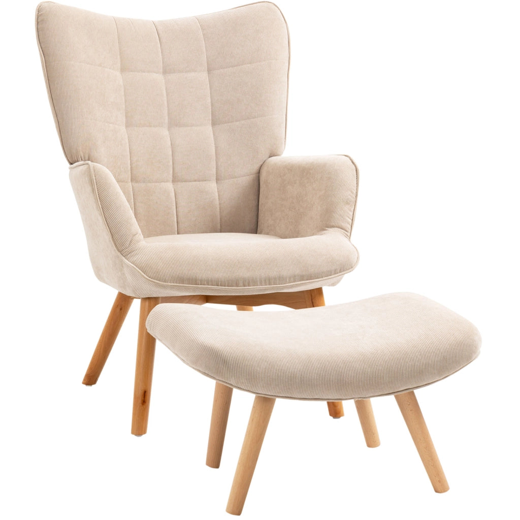 Poltrona relax beige in velluto a coste con pouf