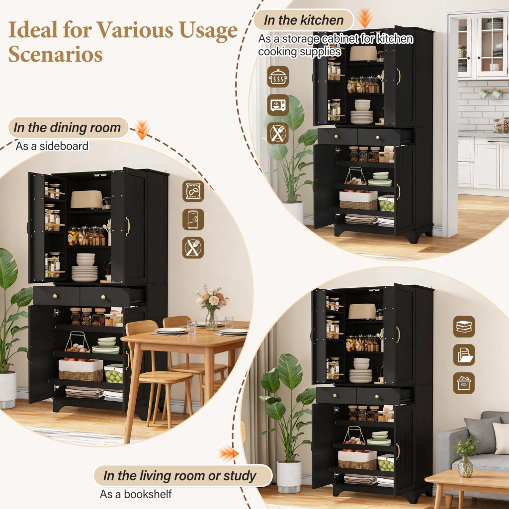 Mobile contenitore a doppia anta con ripiani regolabili 2 cassetti e ripiano estraibile in MDF nero 77 × 40 × 181 cm