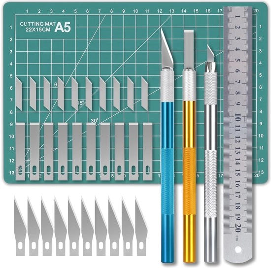Set di scalpelli precisi 3 lame - 30 lame - A5 taglierino - Scalone in acciaio inox - Ideale per il fai da te - Modellismo e artigianato - Set di fai da te