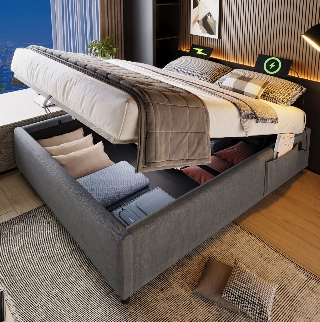 Letto matrimoniale contenitore 140x200 cm in tessuto cotone e lino grigio; con USB e Type-C