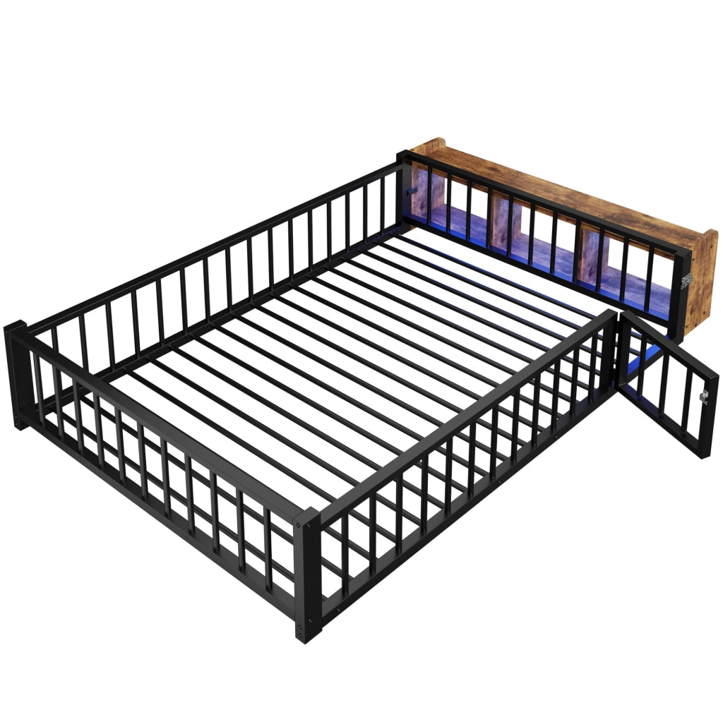Letto 140x200 cm con vano portaoggetti; LED e sponde in metallo e MDF nero