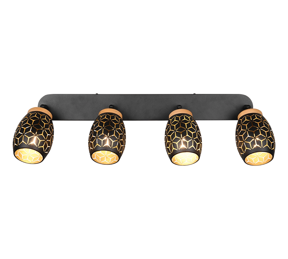 Barra 4 spots, metallo, nero e legno, L 74 cm, Bidar