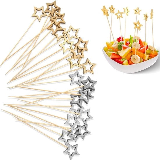 Set di stelle in legno per cocktail - 100 pezzi - oro e argento