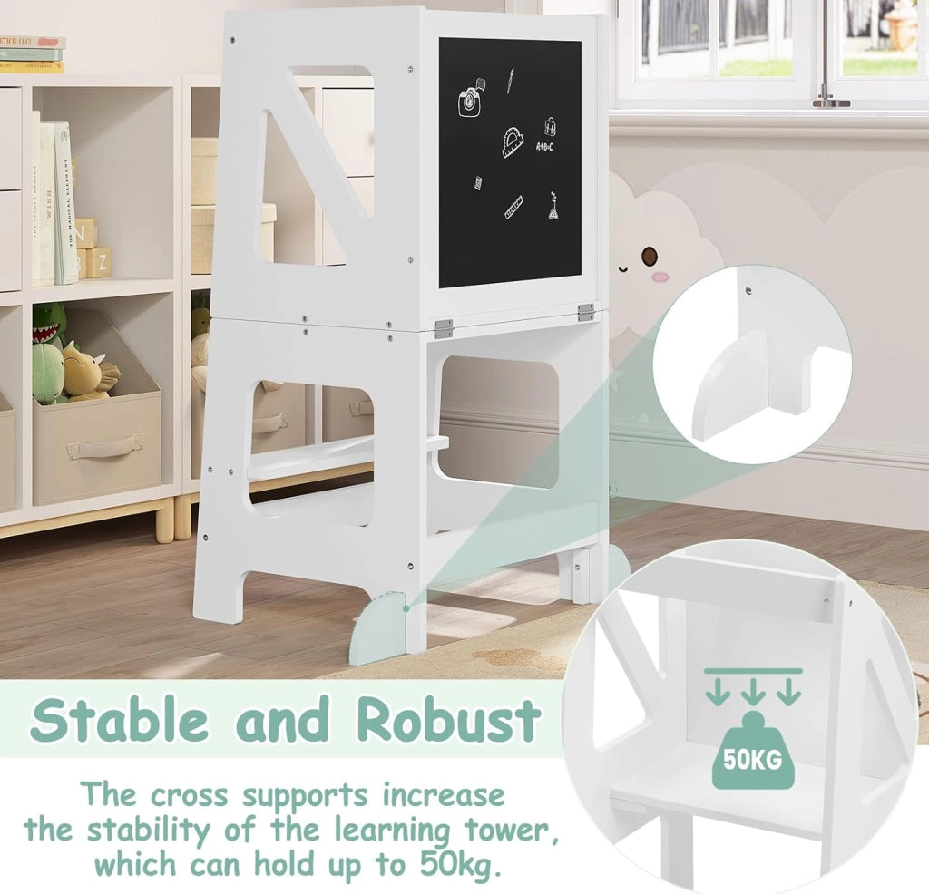 3 in 1 Torre Montessoriana, Scala Montessoriana di Apprendimento, Trasformabile, con Lavagna, Barra Sicurezza, per Bambini di Età Superiore ai 12 Mesi, Bianco