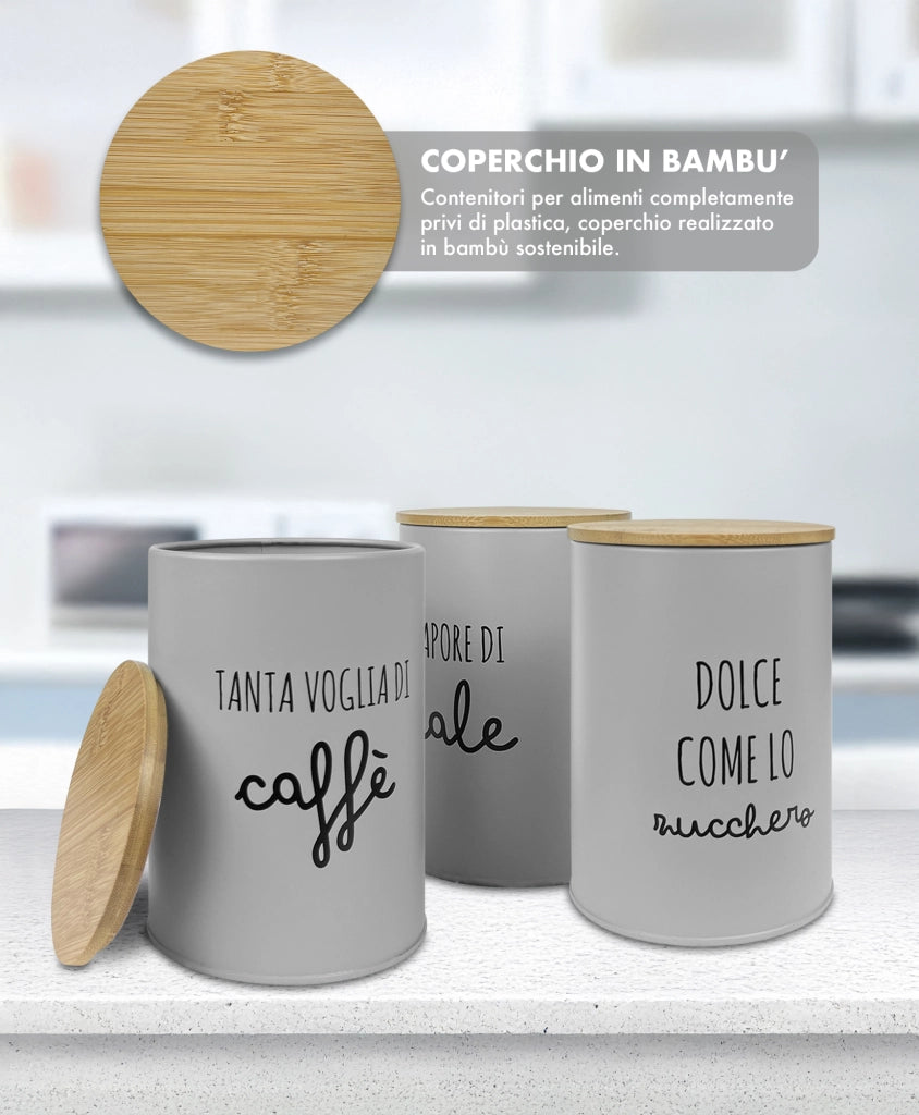 Contenitori Certificati Contatto Alimentare Contenitore Sale Zucchero Caffè Moderne Scritte Barattolo Con Coperchio Ermetico Legno Bambù Dispenser Organizzatori Alimenti Spezie Grigio