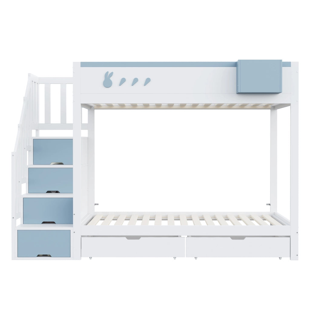LETTO A CASTELLO 90x200 cm in Legno Bianco e Blu con sponde e ripiano rimovibile